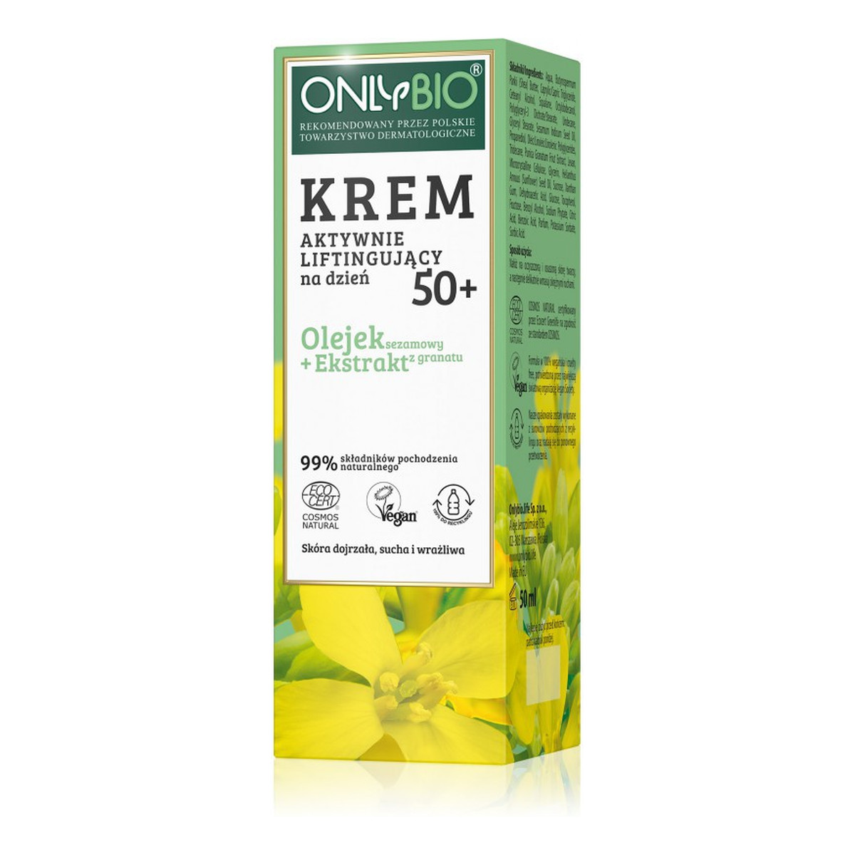 OnlyBio Krem aktywnie liftingujący na dzień 50+ olejek sezamowy i ekstrakt z granatu 50ml