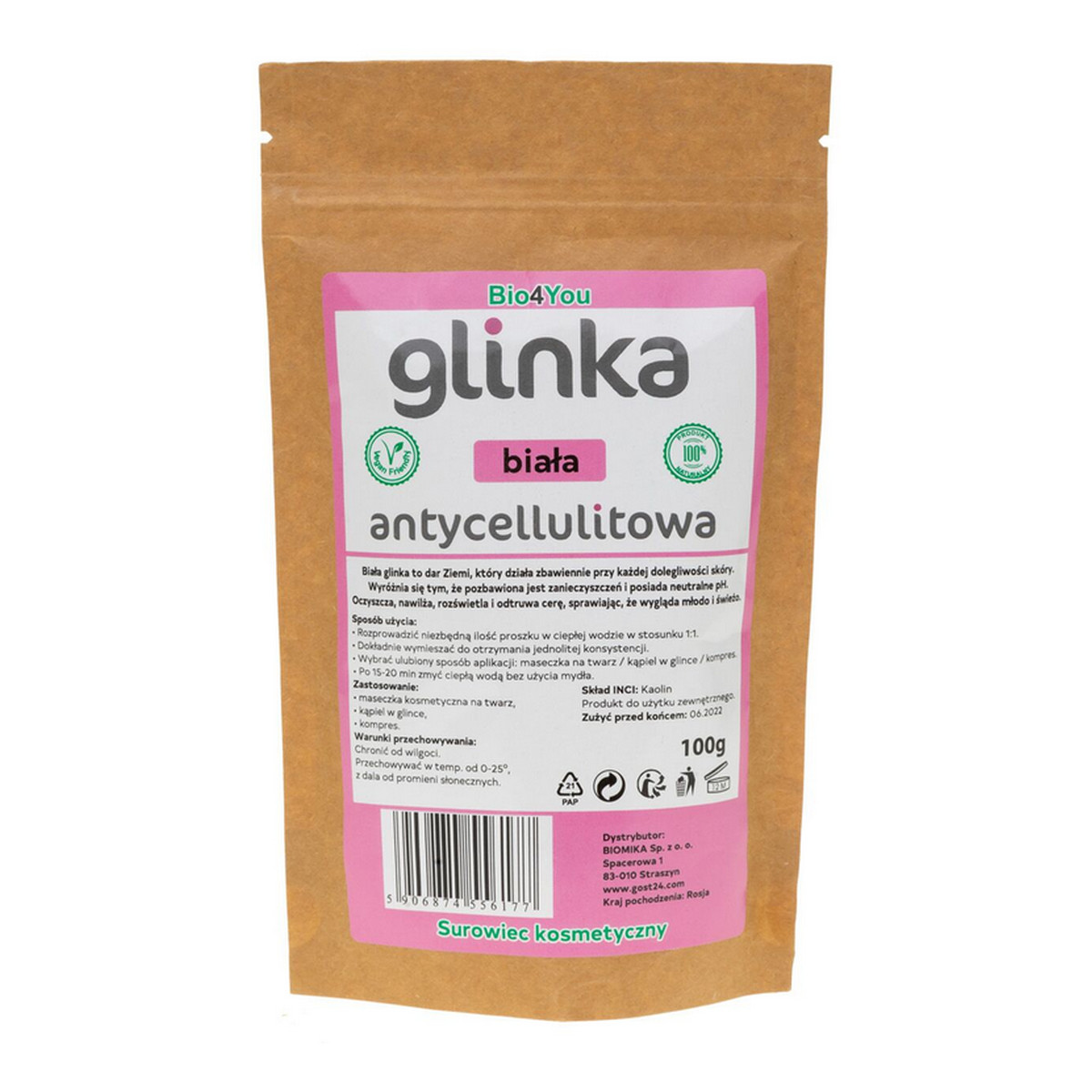 Biomika Natural Home Spa Glinka kosmetyczna Biała Antycellulitowa 100g