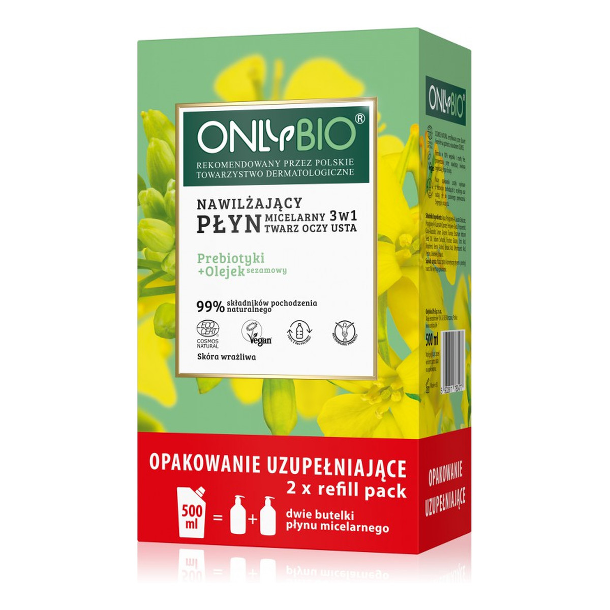 OnlyBio Nawilżający płyn micelarny 3w1 prebiotyki i olejek sezamowy + Refill 500ml