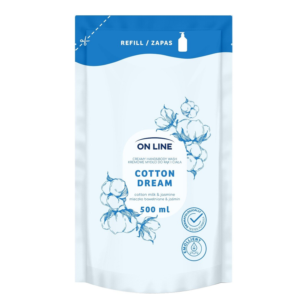 On Line Kremowe mydło do rąk i ciała Mleczko bawełniane & Jaśmin 500ml