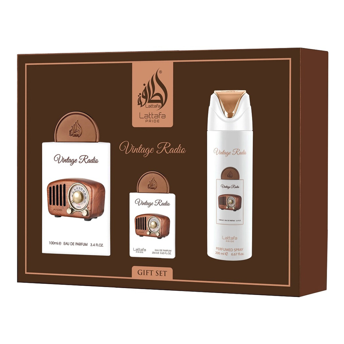 Lattafa Vintage Radio Zestaw woda perfumowana spray 100ml + woda perfumowana spray 20ml + dezodorant spray 200ml