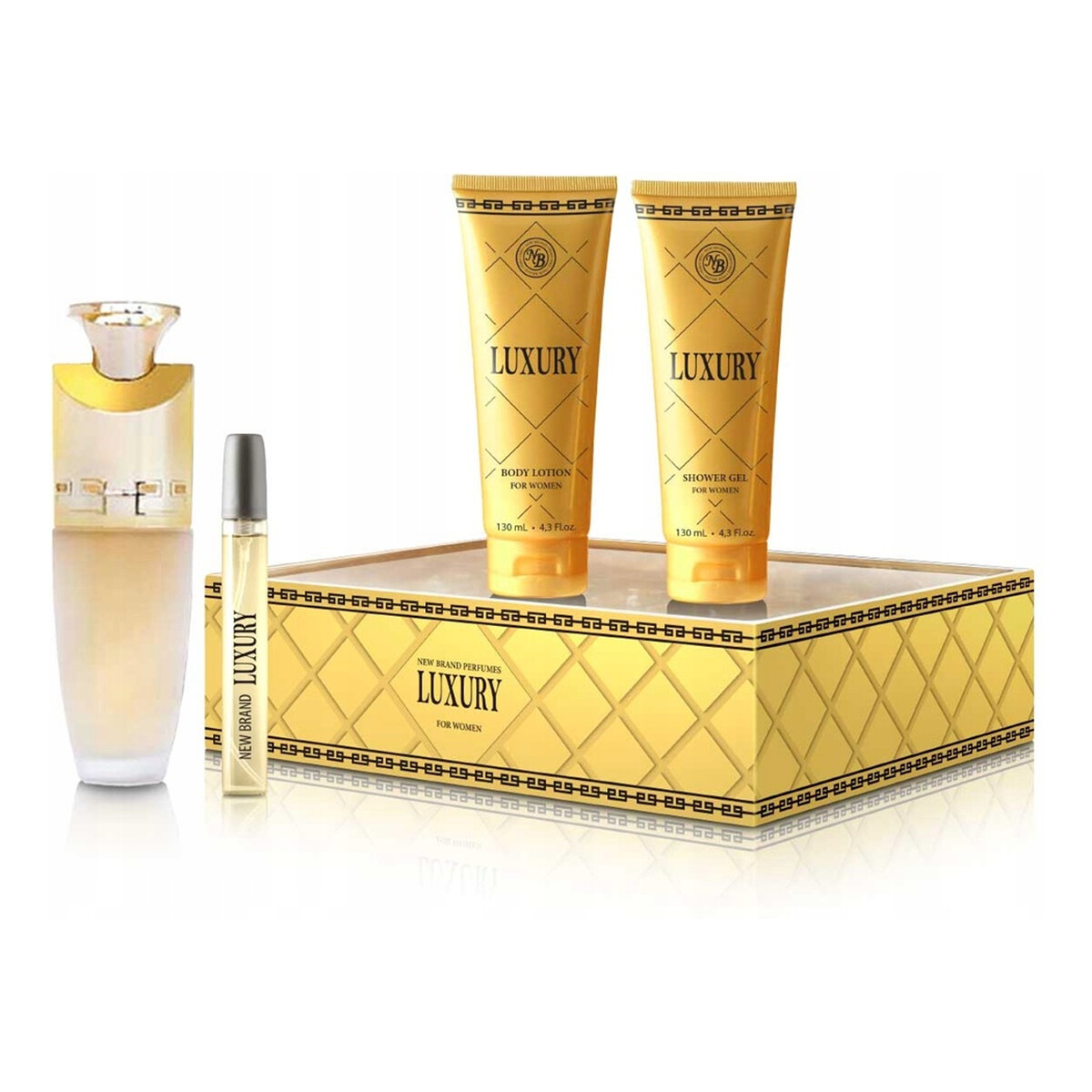 New Brand Luxury For Women Zestaw woda perfumowana spray 100ml + balsam do ciała 130ml + żel pod prysznic 130ml + woda perfumowana spray 15ml