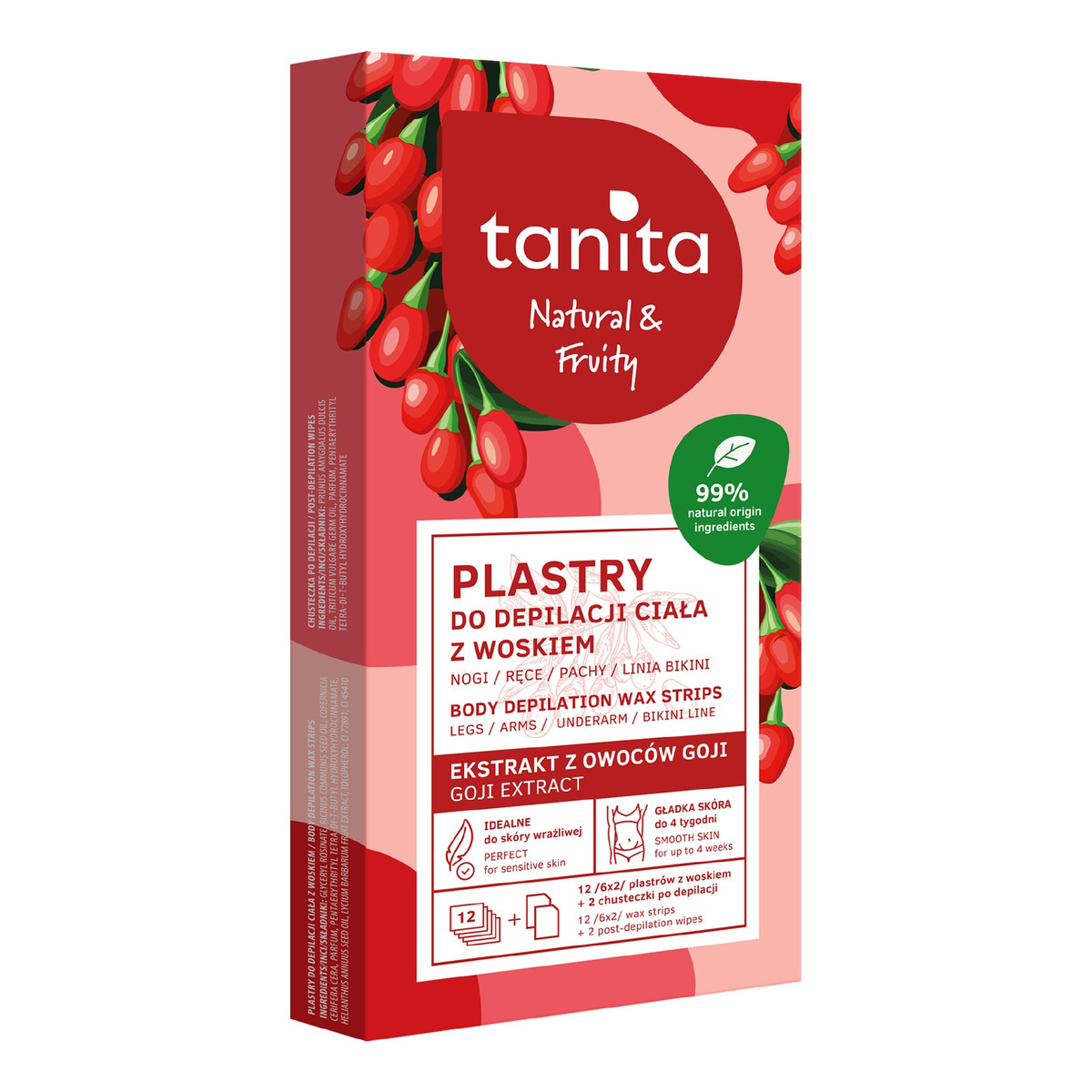 Tanita Natural & Fruity Plastry do depilacji ciała z woskiem - z ekstraktem z owoców Goji 12 sztuk (6x2)+ 2 chusteczki po depilacji