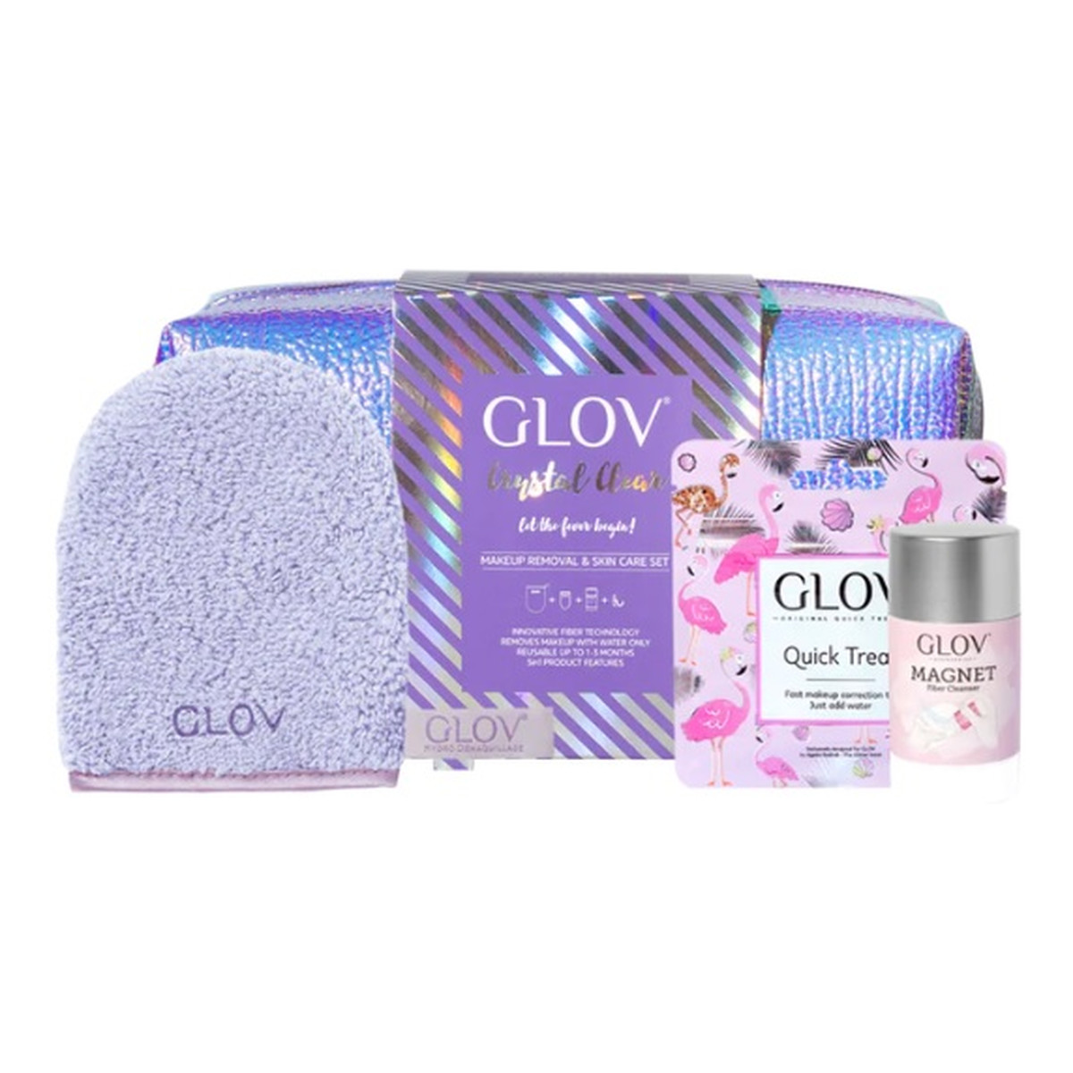 Glov Crystal Clear Zestaw on-the-go do demakijażu + quick treat do korekt makijażu + magnet cleanser do czyszczenia rękawic i pędzli + kosmetyczka