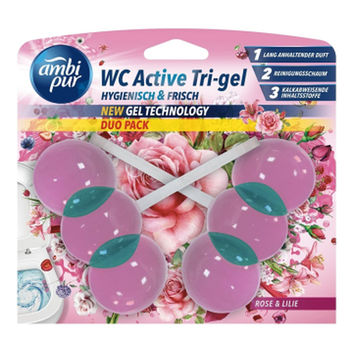 Ambi Pur Kostka do WC Active Tri-Gel Rose & Lilie