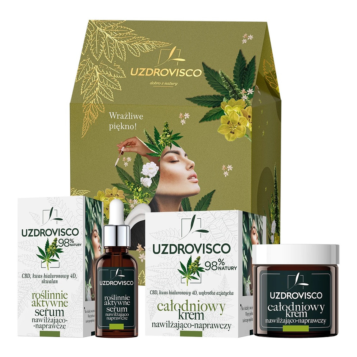 Uzdrovisco CBD Zestaw całodniowy krem nawilżająco-naprawczy 50ml + roślinnie aktywne serum nawilżająco-naprawcze 30ml