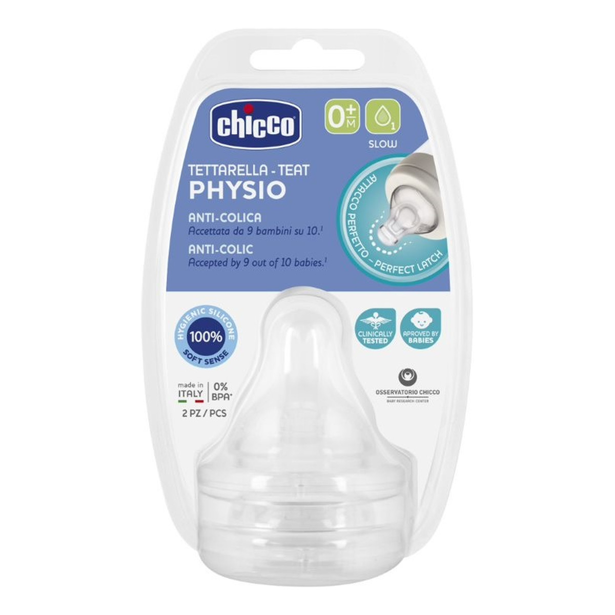Chicco Physio smoczek antykolkowy na butelkę przepływ wolny 0m+ 2szt