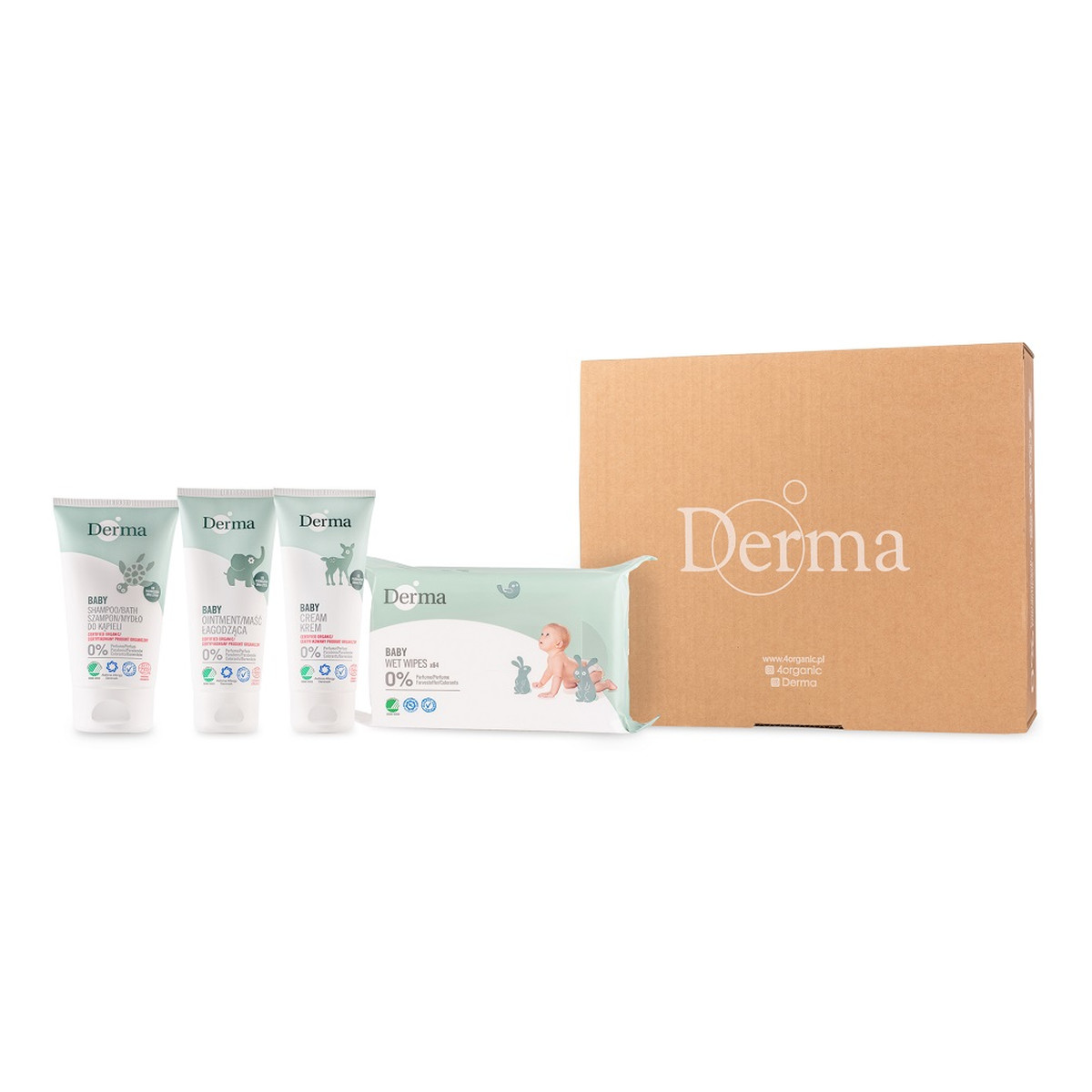 Derma Eco Baby Zestaw maść łagodząca 100ml + krem pielęgnacyjny 100ml + szampon/mydło do kąpieli 150ml + chusteczki nawilżane 64szt