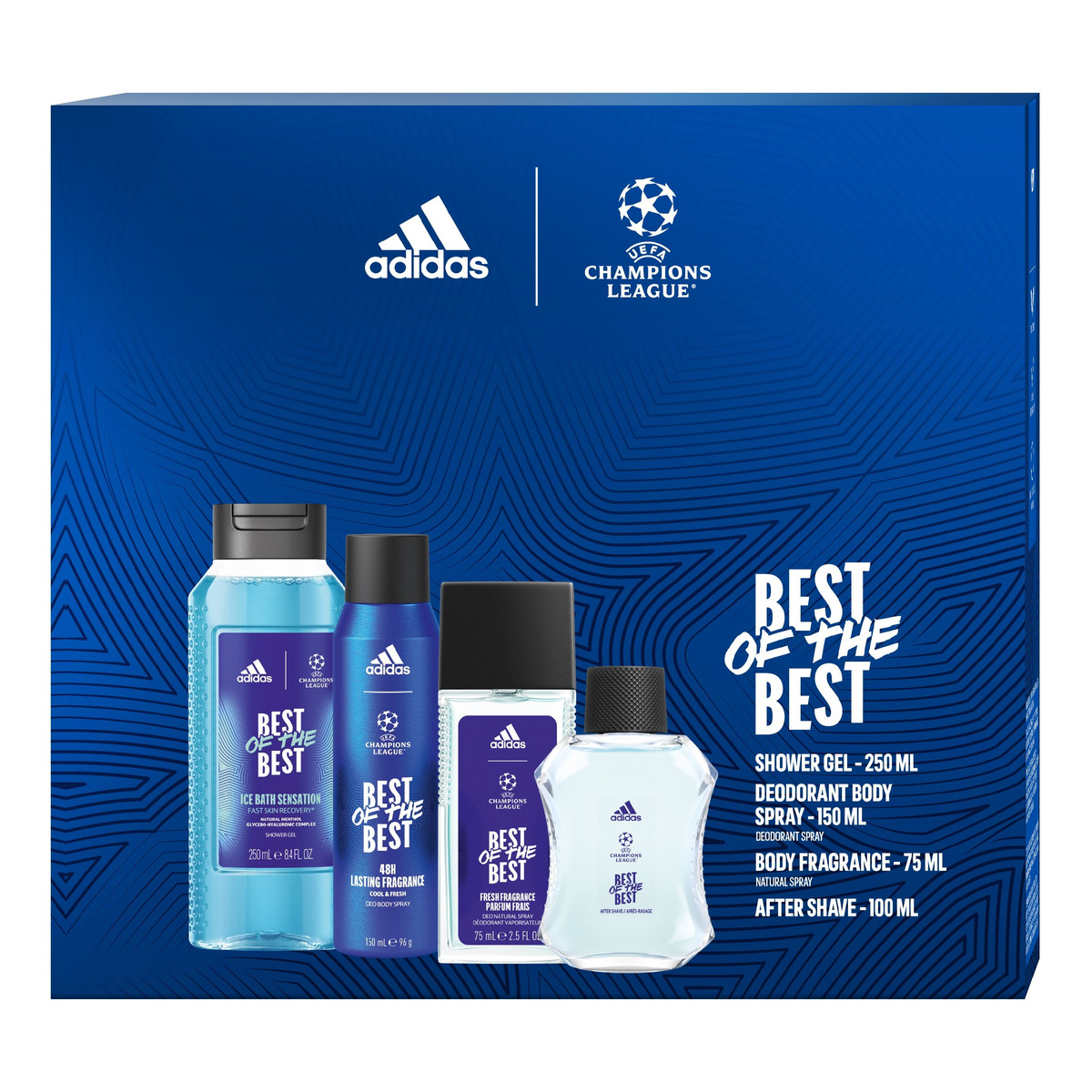 Adidas ADIDAS UEFA CHAMPIONS LEAGUE Zestaw prezentowy best of the best (woda po goleniu 100ml + żel pod prysznic 3w1 250ml+deo spray 150ml+deo naturalny spray 75ml)